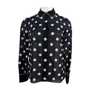 Alice + Olivia Sheer Black Blouse with White Sequin Polka Dots
